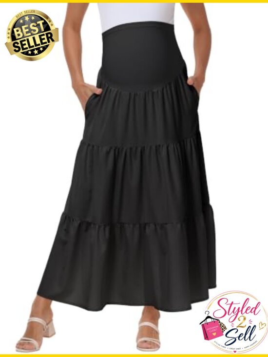 Dresses & Skirts - Maternity Maxi Skirt High Waisted Over the Bump Tiered A-Line with Pockets